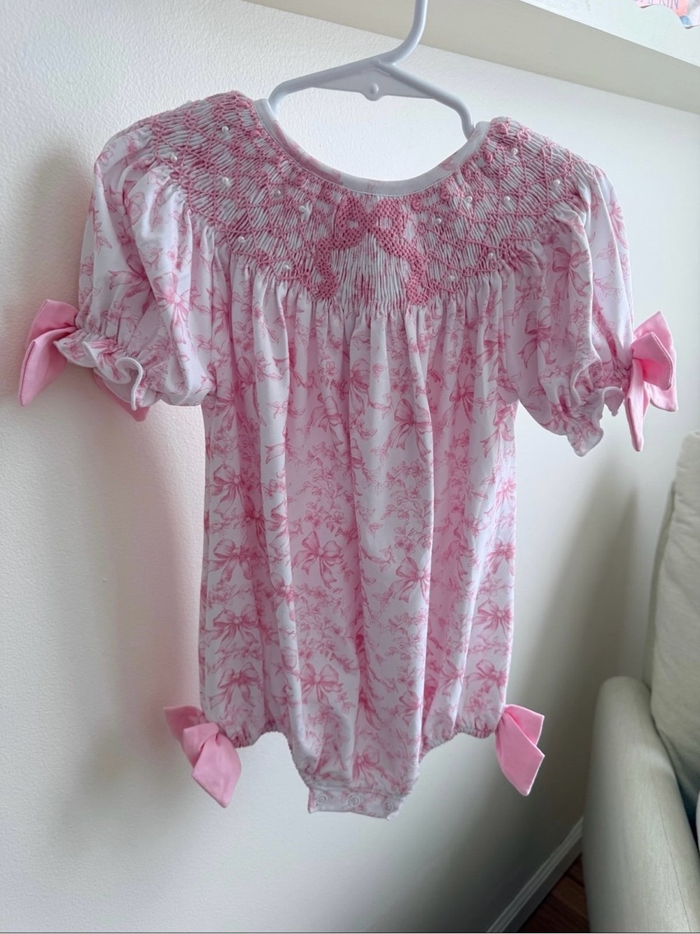 Pink Floral Smocked Baby One-Piece with Bow Details